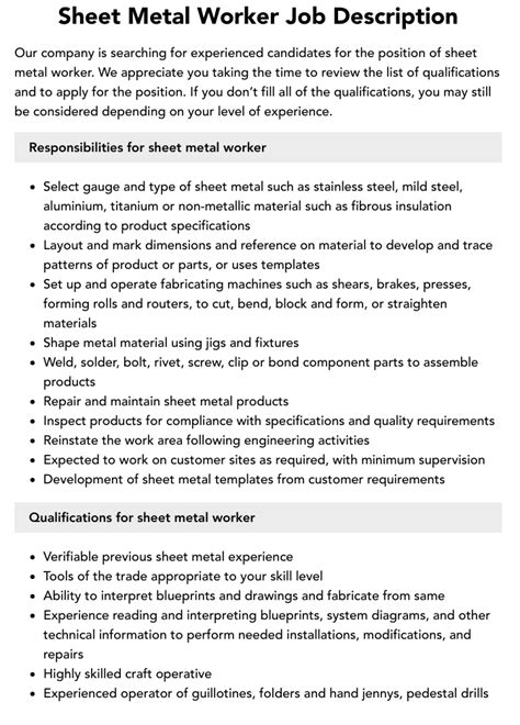 what is a sheet metal worker job description|sheet metal worker skills.